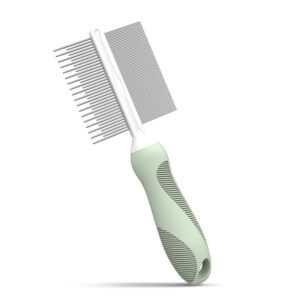 Stainless steel pet comb with double-sided steel needles, long and short teeth.