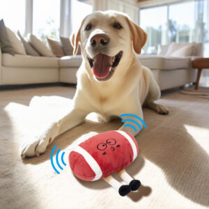 Realistic plush interactive rugby ball toy that squeaks, entertains, and is durable enough to bite.